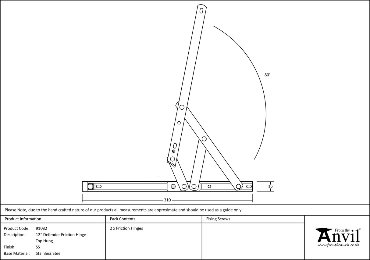 From The Anvil - SS 12" Defender Friction Hinge - Top Hung | Sku. 91032 | Trade Door Handles.