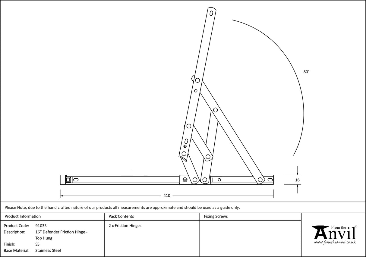From The Anvil - SS 16" Defender Friction Hinge - Top Hung | Sku. 91033 | Trade Door Handles.