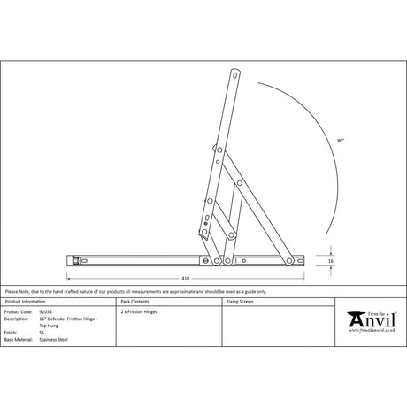 From The Anvil - SS 16" Defender Friction Hinge - Top Hung | Sku. 91033 | Trade Door Handles.