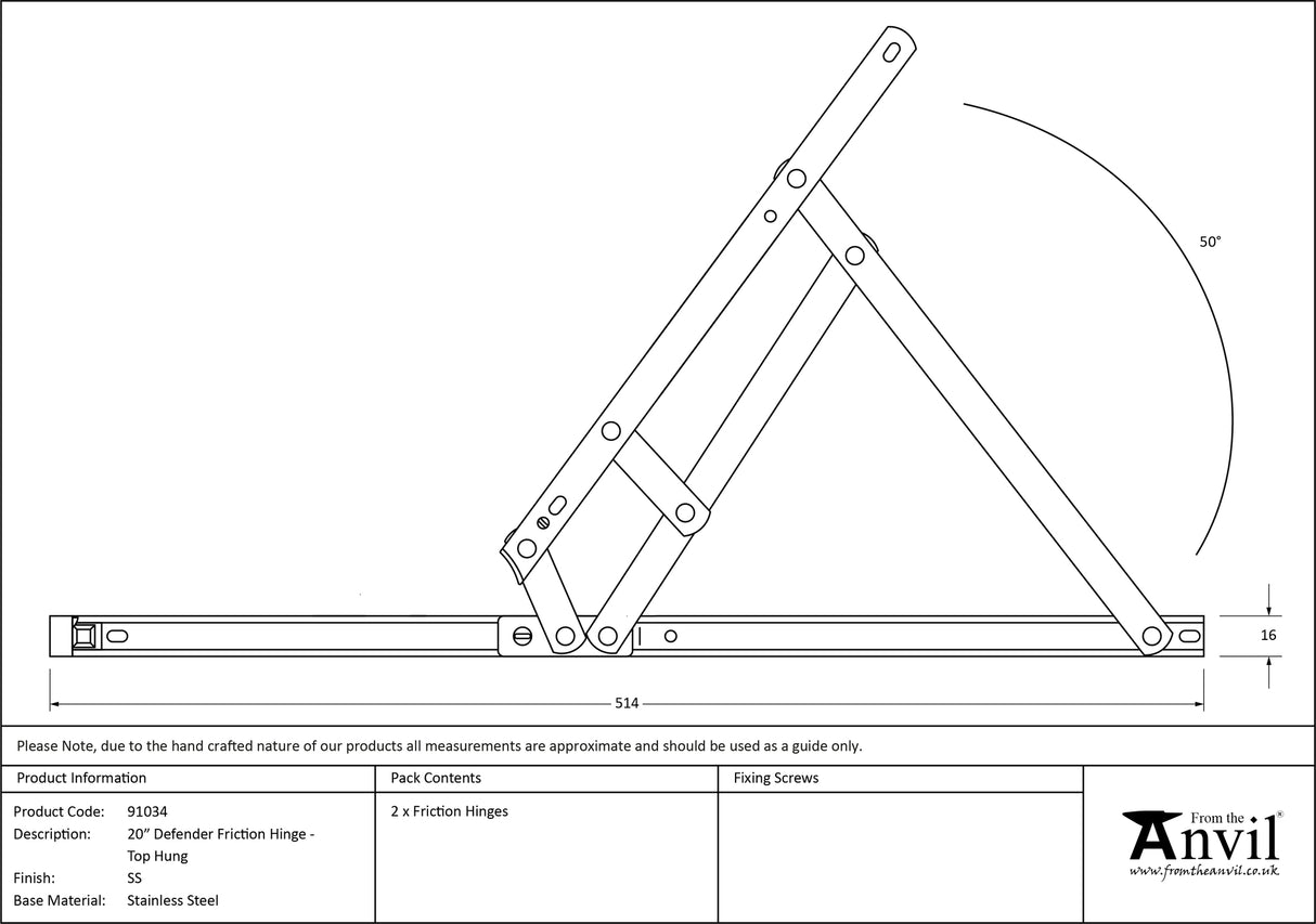 From The Anvil - SS 20" Defender Friction Hinge - Top Hung | Sku. 91034 | Trade Door Handles.
