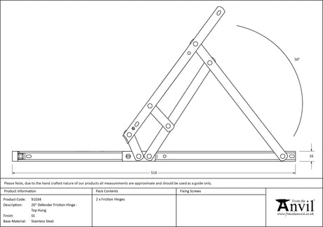 From The Anvil - SS 20" Defender Friction Hinge - Top Hung | Sku. 91034 | Trade Door Handles.