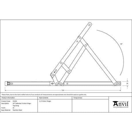 From The Anvil - SS 20" Defender Friction Hinge - Top Hung | Sku. 91034 | Trade Door Handles.