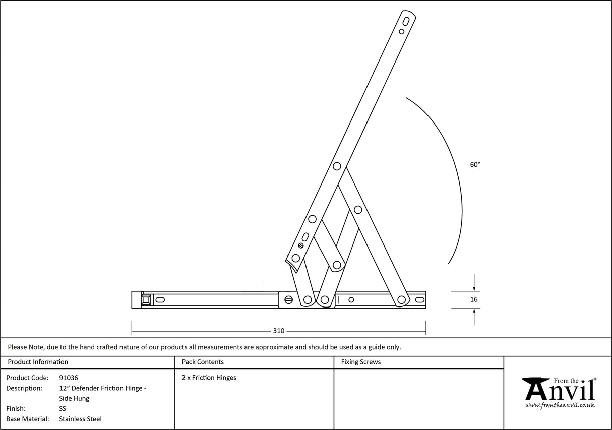 From The Anvil - SS 12" Defender Friction Hinge - Side Hung | Sku. 91036 | Trade Door Handles.