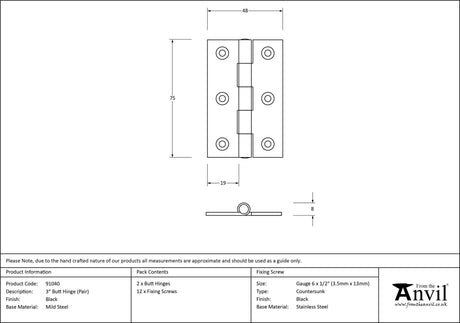 From The Anvil - Black 3" Butt Hinge (pair) | Sku. 91040 | Trade Door Handles.