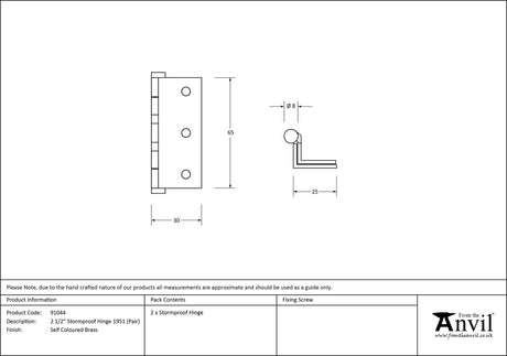 From The Anvil - Self Coloured Brass 2Ã†€™€š¬Ã…¡‚¬Å¡½" (pair) Stormproof Hinge 1951 | Sku. 91044 | Trade Door Handles.