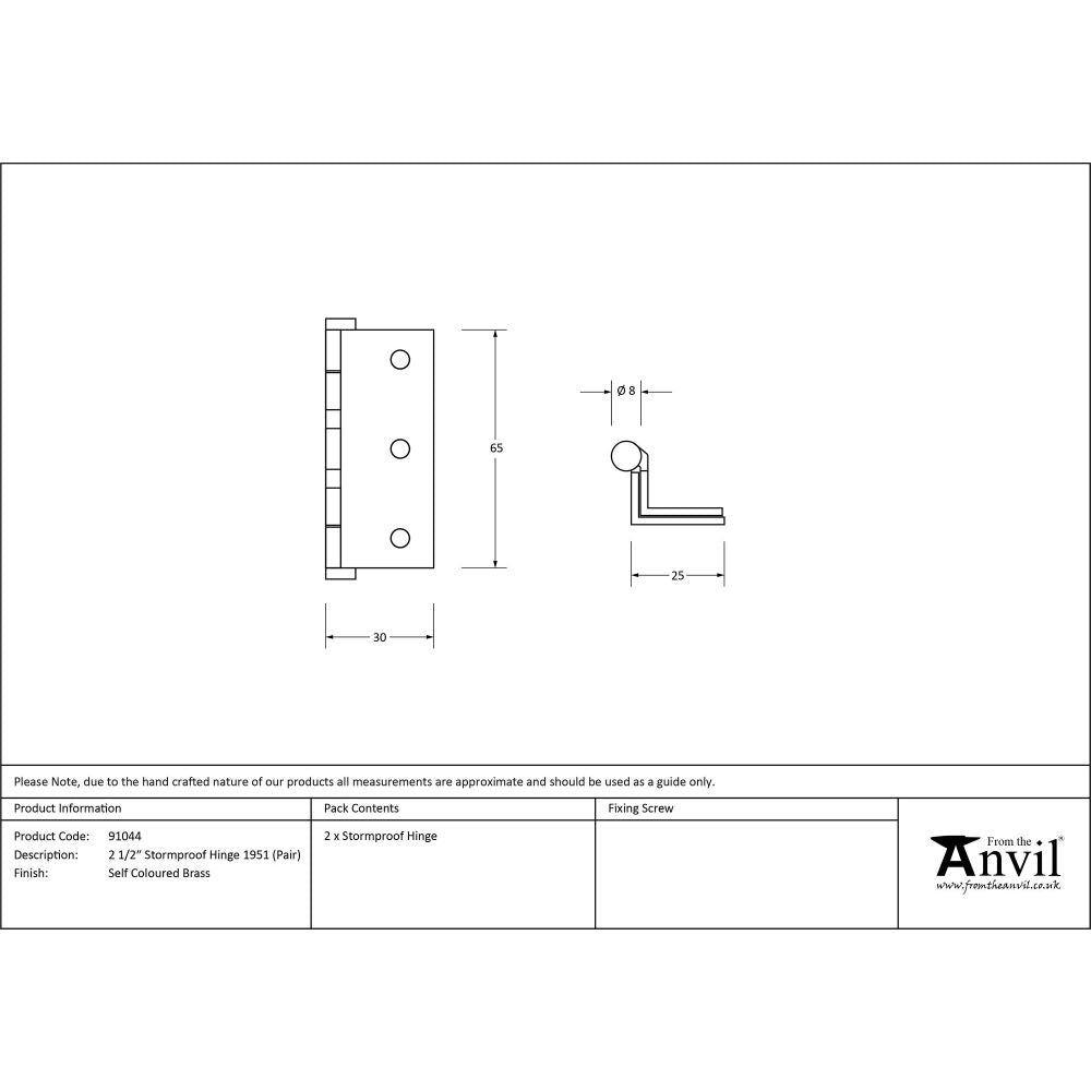 From The Anvil - Self Coloured Brass 2Ãƒâ€ â‚¬â„¢â‚¬Å¡Â¬Ãƒ...Â¡â€šÂ¬Ã…Â¡1/2" (pair) Stormproof Hinge 1951 | Sku. 91044 | Trade Door Handles.