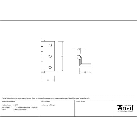 From The Anvil - Self Coloured Brass 2Ãƒâ€ â‚¬â„¢â‚¬Å¡Â¬Ãƒ...Â¡â€šÂ¬Ã…Â¡1/2" (pair) Stormproof Hinge 1951 | Sku. 91044 | Trade Door Handles.