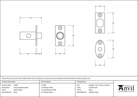From The Anvil - Electro Brassed Security Window Bolt | Sku. 91047 | Trade Door Handles.