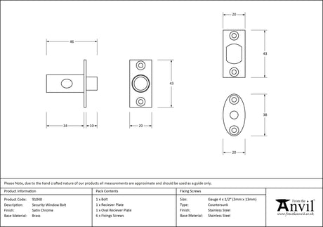 From The Anvil - Satin Chrome Security Window Bolt | Sku. 91048 | Trade Door Handles.