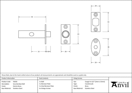 From The Anvil - Electro Brassed Security Door Bolt | Sku. 91050 | Trade Door Handles.