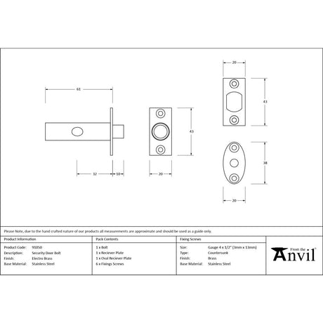From The Anvil - Electro Brassed Security Door Bolt | Sku. 91050 | Trade Door Handles.