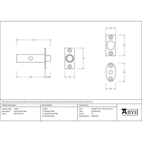 From The Anvil - Satin Chrome Security Door Bolt | Sku. 91051 | Trade Door Handles.