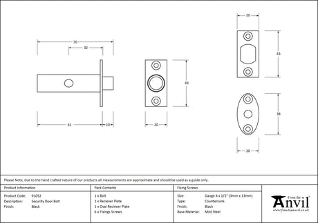 From The Anvil - Black Security Door Bolt | Sku. 91052 | Trade Door Handles.