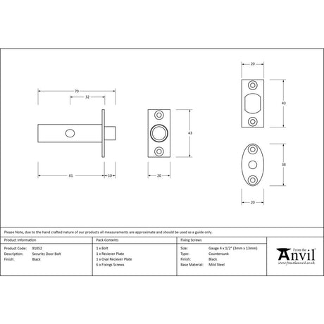 From The Anvil - Black Security Door Bolt | Sku. 91052 | Trade Door Handles.
