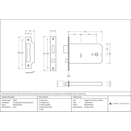 From The Anvil - Polished Brass 6" Horizontal 5 Lever Sash Lock | Sku. 91073 | Trade Door Handles.
