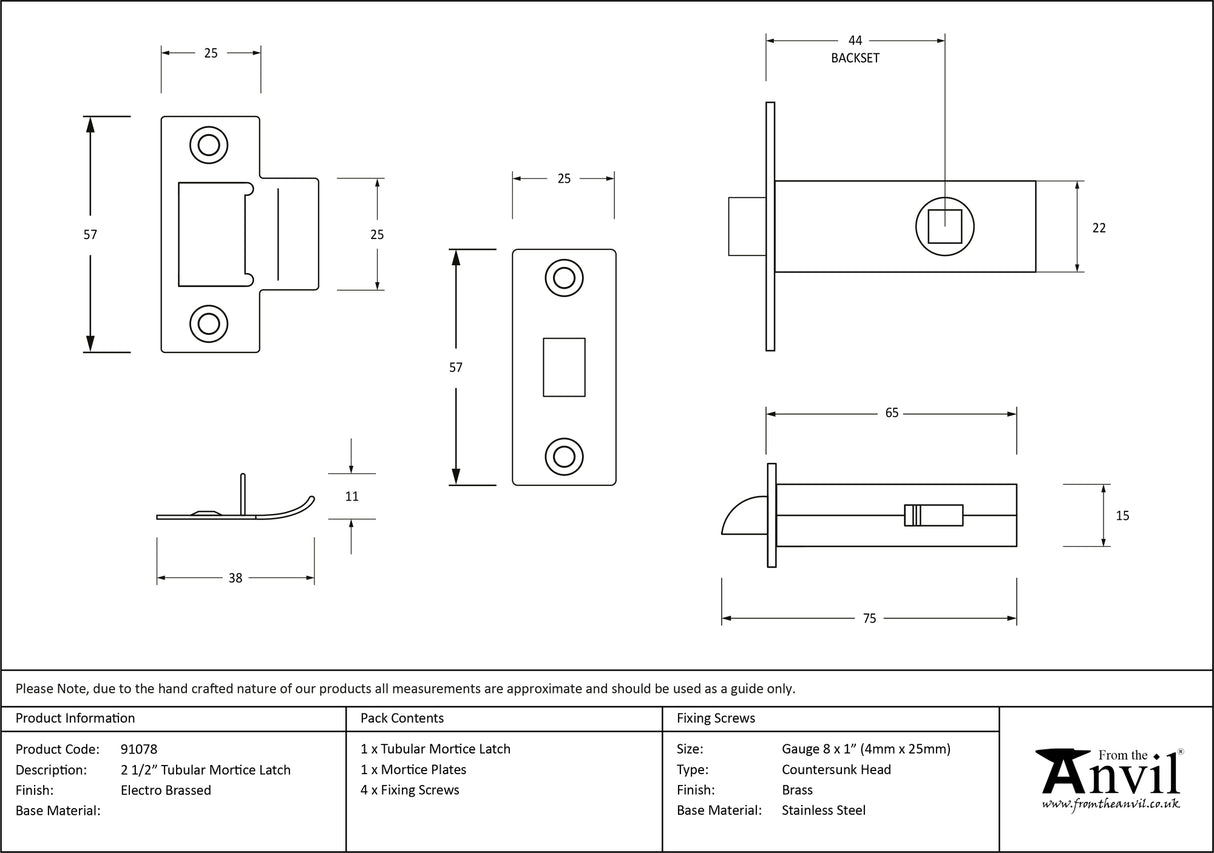 From The Anvil - Electro Brassed 2½" Tubular Mortice Latch | Sku. 91078 | Trade Door Handles.