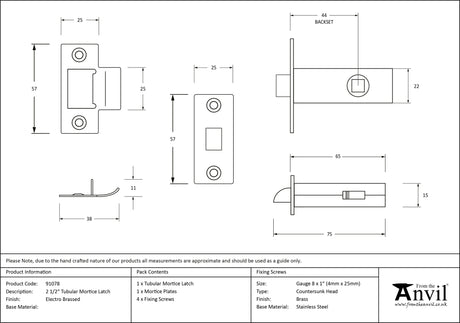 From The Anvil - Electro Brassed 2½" Tubular Mortice Latch | Sku. 91078 | Trade Door Handles.