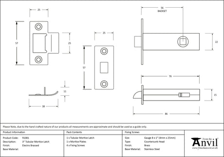 From The Anvil - Electro Brassed 3" Tubular Mortice Latch | Sku. 91081 | Trade Door Handles.