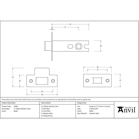 From The Anvil - Nickel 3" Tubular Mortice Latch | Sku. 91082 | Trade Door Handles.