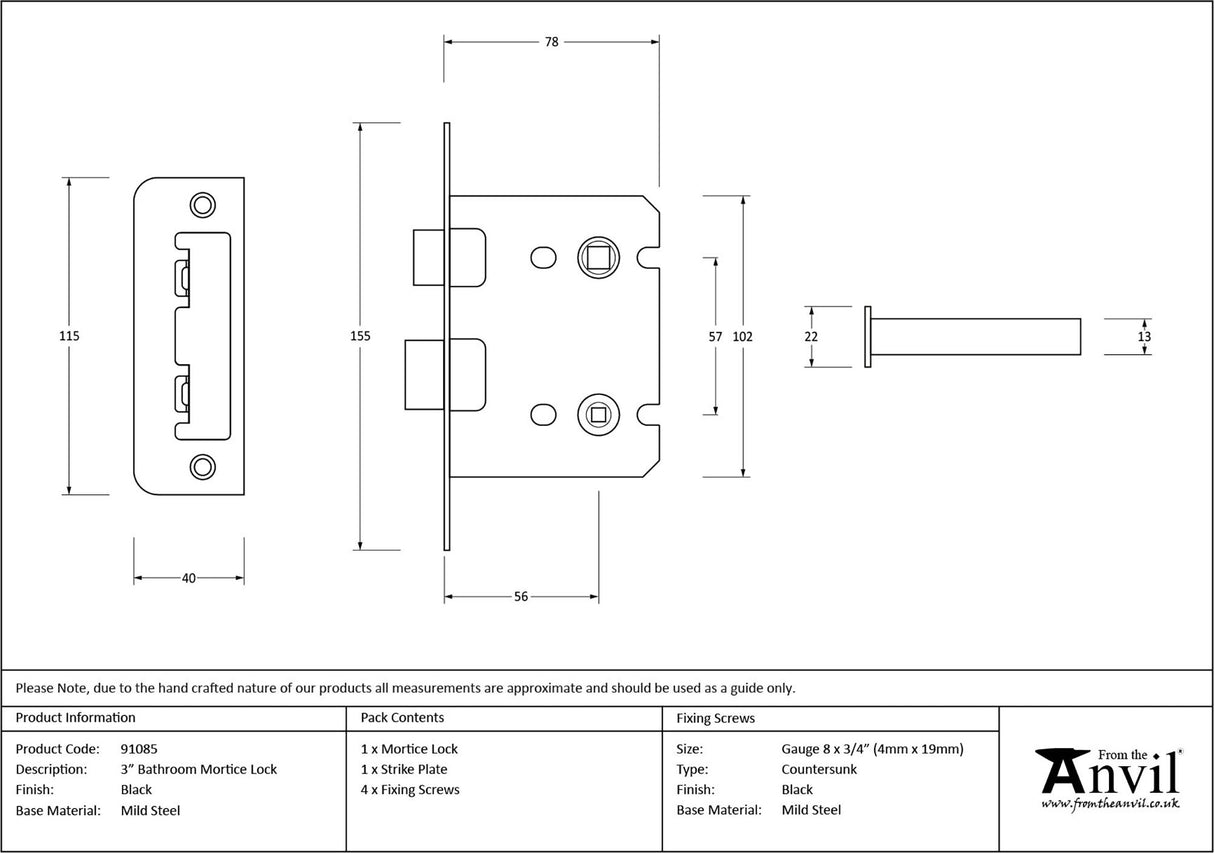 From The Anvil - Black 3" Bathroom Mortice Lock | Sku. 91085 | Trade Door Handles.
