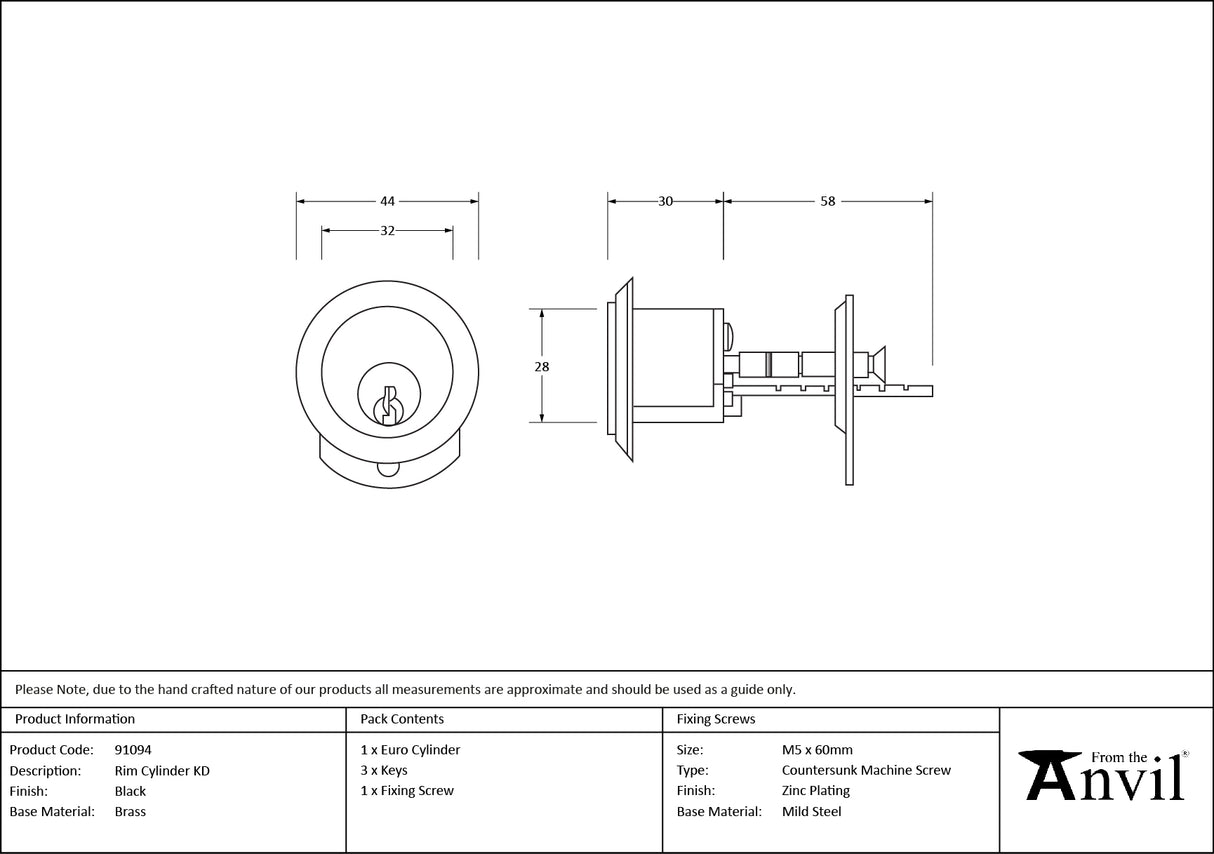 From The Anvil - Black Rim Cylinder KD | Sku. 91094 | Trade Door Handles.
