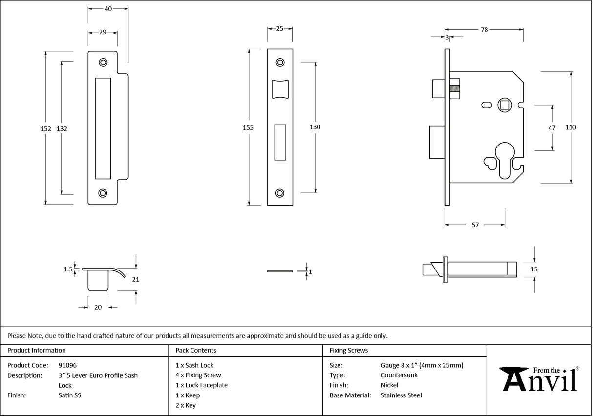 From The Anvil - SSS 3" Euro Profile Sash Lock | Sku. 91096 | Trade Door Handles.