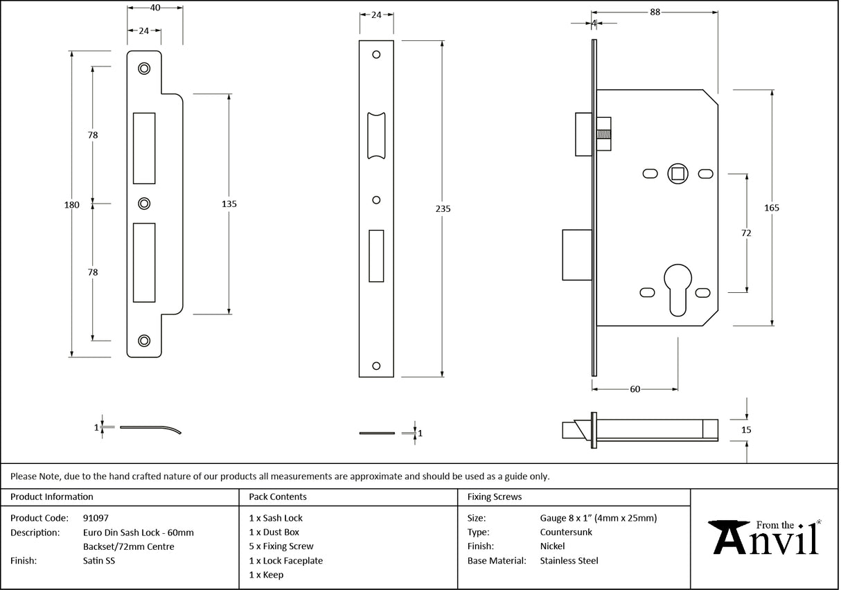 From The Anvil - SS 60mm Backset 72mm Centre - Euro Sashlock | Sku. 91097 | Trade Door Handles.