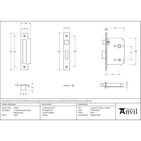 From The Anvil - Black 3" Heavy Duty Bathroom Mortice Lock | Sku. 91108 | Trade Door Handles.