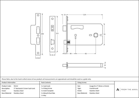 From The Anvil - SS 5" Horizontal 3 Lever Sash Lock | Sku. 91112 | Trade Door Handles.
