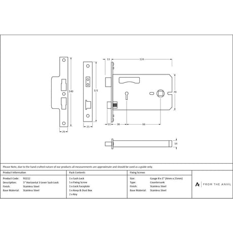 From The Anvil - SS 5" Horizontal 3 Lever Sash Lock | Sku. 91112 | Trade Door Handles.