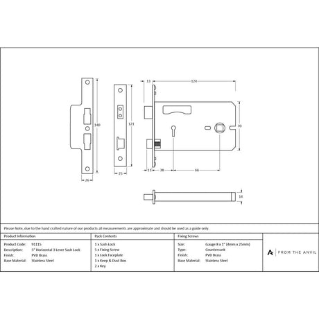 From The Anvil - PVD 5" Horizontal 3 Lever Sash Lock | Sku. 91115 | Trade Door Handles.