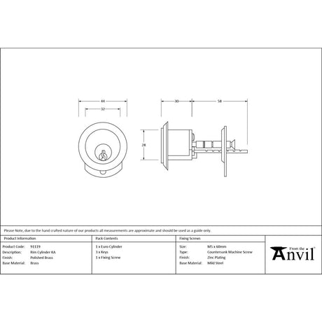 From The Anvil - Polished Brass Rim Cylinder KA | Sku. 91119 | Trade Door Handles.