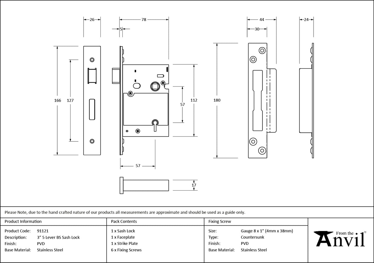 From The Anvil - PVD 3" 5 Lever BS Sash Lock | Sku. 91121 | Trade Door Handles.
