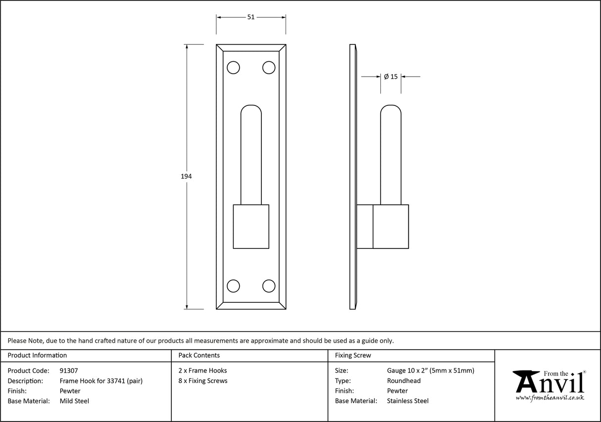 From The Anvil - Pewter Frame Hook for 33741 (pair) | Sku. 91307 | Trade Door Handles.