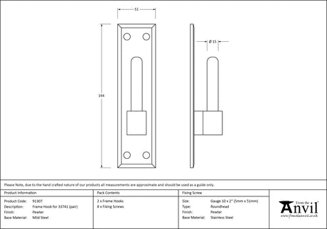 From The Anvil - Pewter Frame Hook for 33741 (pair) | Sku. 91307 | Trade Door Handles.