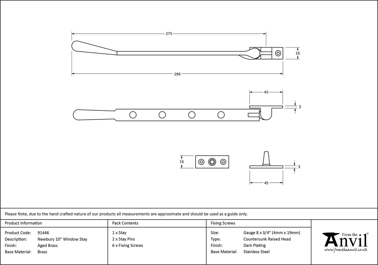 From The Anvil - Aged Brass 10" Newbury Stay | Sku. 91446 | Trade Door Handles.
