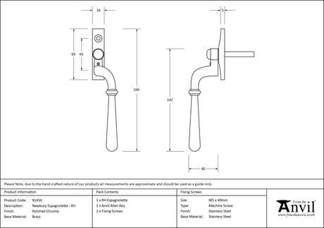 From The Anvil - Polished Chrome Newbury Espag - RH | Sku. 91450 | Trade Door Handles.