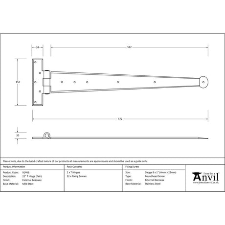 From The Anvil - External Beeswax 22" Penny End T Hinge (pair) | Sku. 91469 | Trade Door Handles.