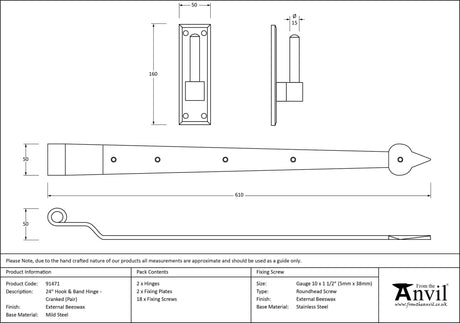 From The Anvil - External Beeswax 24" Hook & Band Hinge - Cranked (pair) | Sku. 91471 | Trade Door Handles.