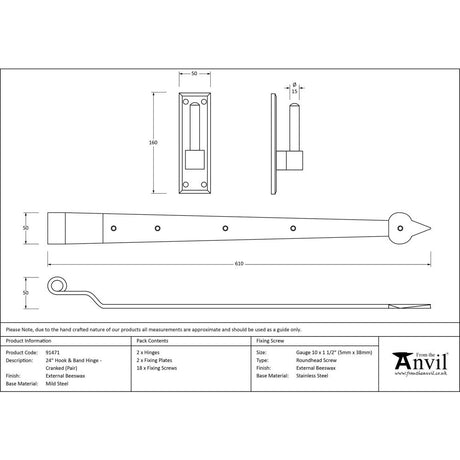 From The Anvil - External Beeswax 24" Hook & Band Hinge - Cranked (pair) | Sku. 91471 | Trade Door Handles.