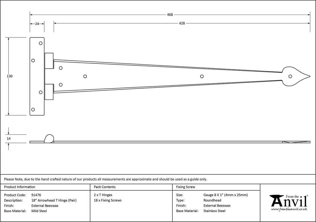 From The Anvil - External Beeswax 18" Arrow Head T Hinge (pair) | Sku. 91476 | Trade Door Handles.