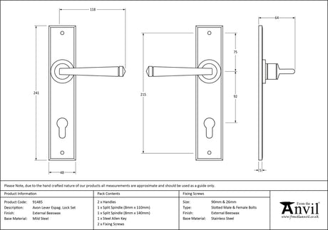 From The Anvil - External Beeswax Avon Lever Espag. Lock Set | Sku. 91485 | Trade Door Handles.