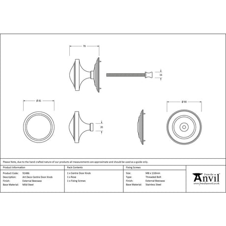 From The Anvil - External Beeswax Art Deco Centre Door Knob | Sku. 91486 | Trade Door Handles.