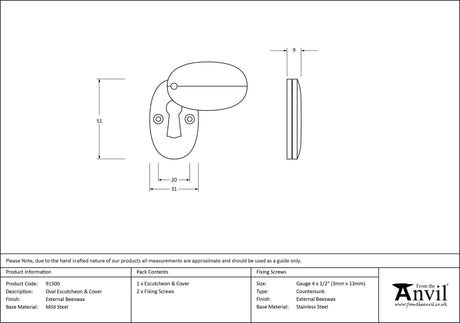 From The Anvil - External Beeswax Oval Escutcheon & Cover | Sku. 91500 | Trade Door Handles.