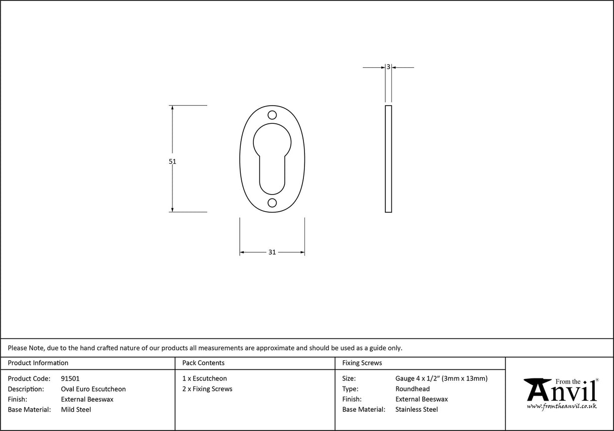 From The Anvil - External Beeswax Oval Euro Escutcheon | Sku. 91501 | Trade Door Handles.