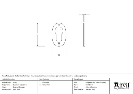 From The Anvil - External Beeswax Oval Euro Escutcheon | Sku. 91501 | Trade Door Handles.