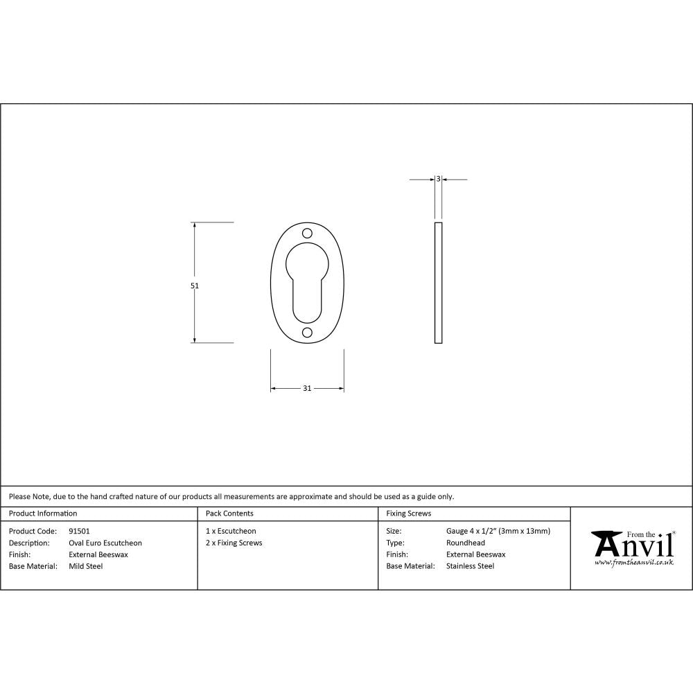 From The Anvil - External Beeswax Oval Euro Escutcheon | Sku. 91501 | Trade Door Handles.