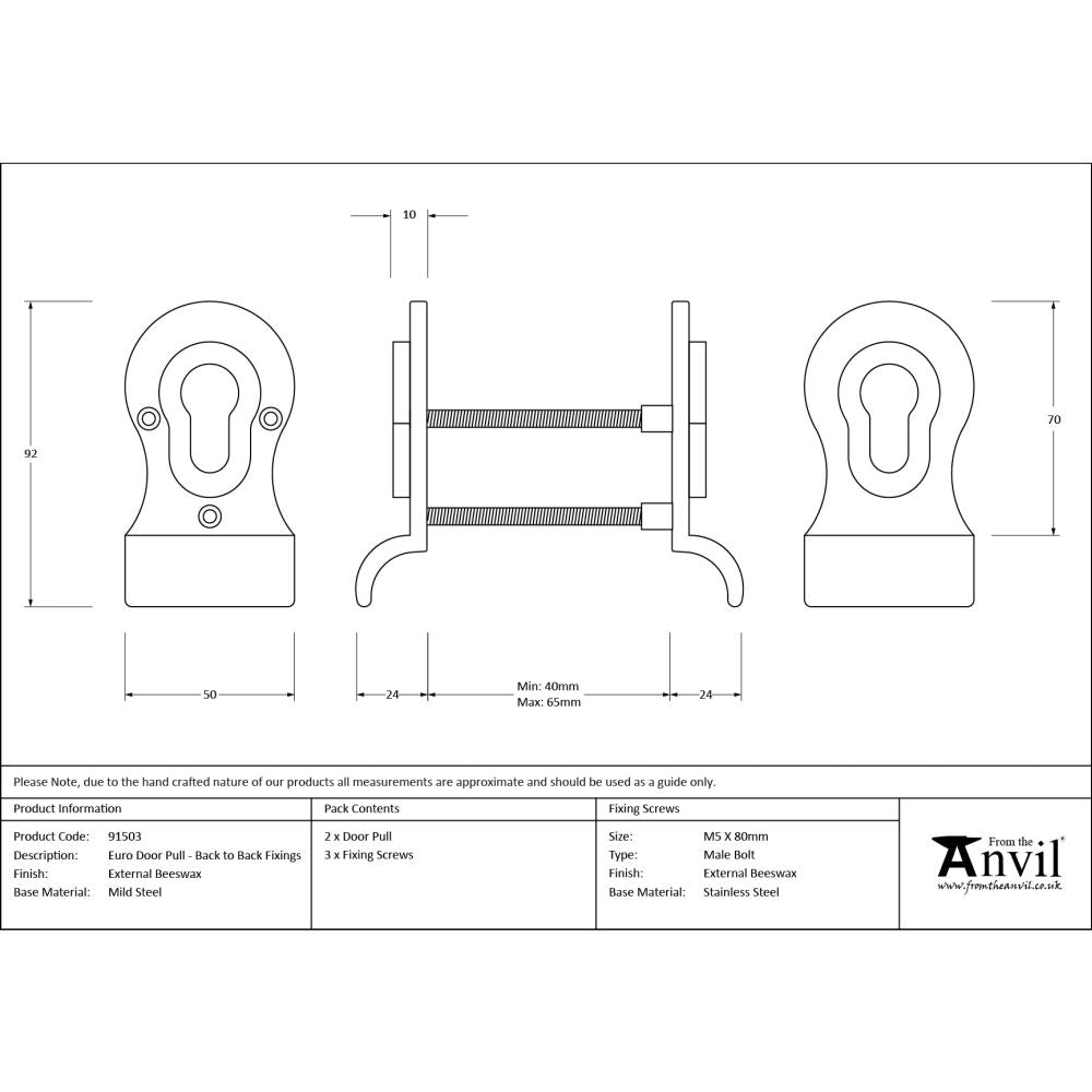 From The Anvil - External Beeswax 50mm Euro Door Pull (Back to Back fixings) | Sku. 91503 | Trade Door Handles.