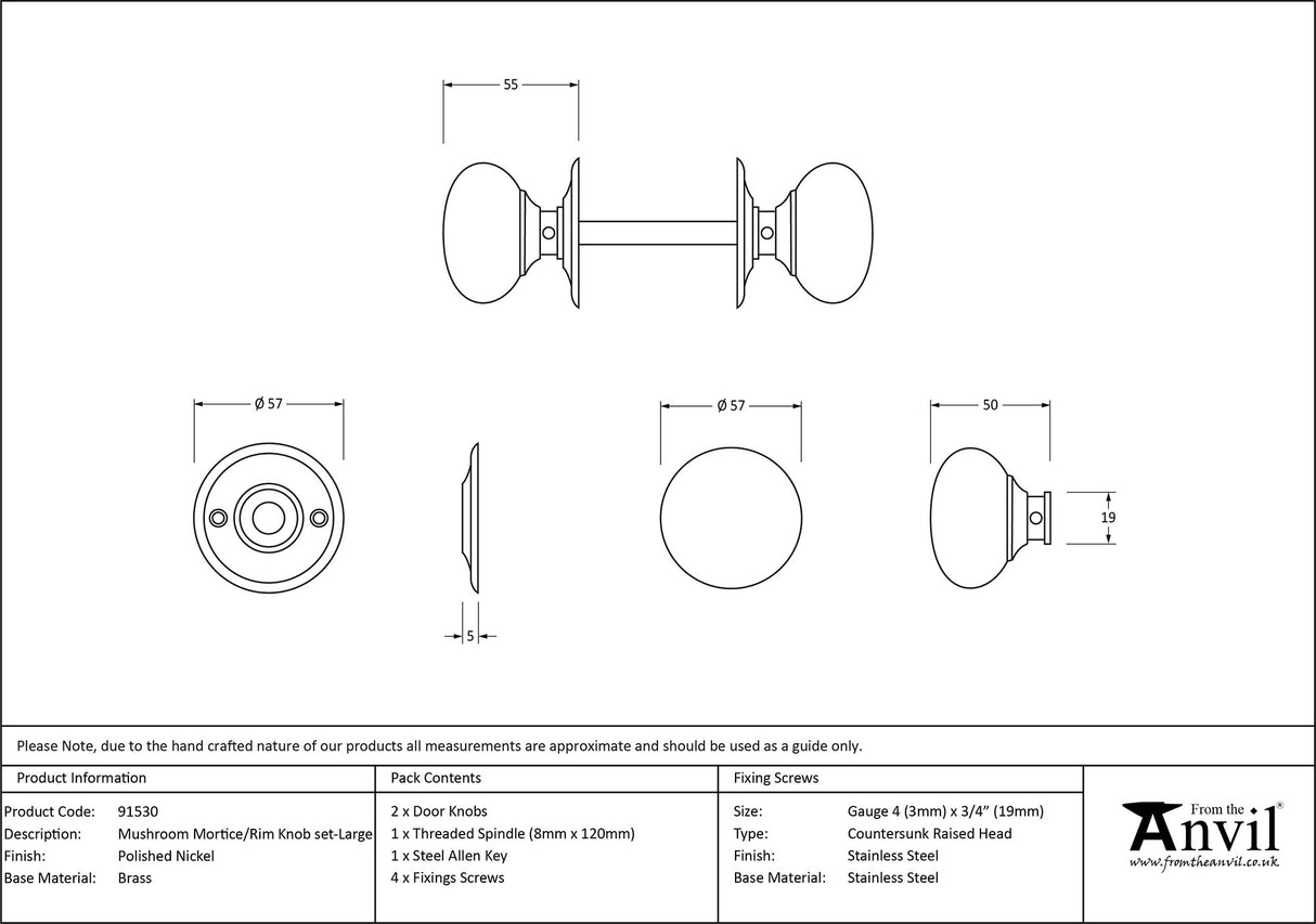 From The Anvil - Polished Nickel 57mm Mushroom Mortice/Rim Knob Set | Sku. 91530 | Trade Door Handles.
