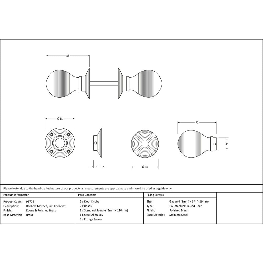 From The Anvil - Ebony & Polished Brass Beehive Mortice/Rim Knob Set | Sku. 91729 | Trade Door Handles.